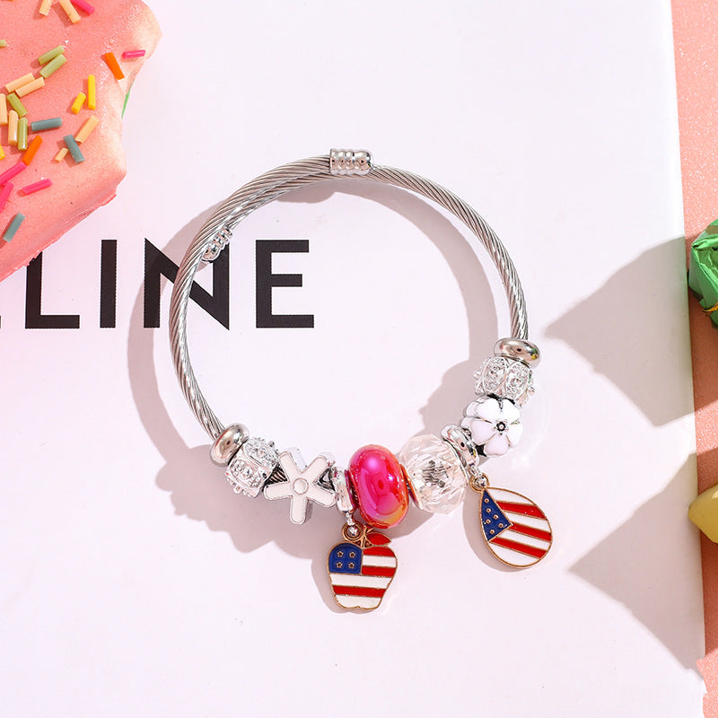 Wholesale American Flag Love Balloon Pendant Stainless Steel Beaded Bracelet